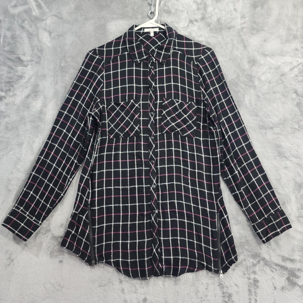 Maurices Top Womens S Black Pink Metallic Plaid Button Up Long‎ Sleeve Zip Hem